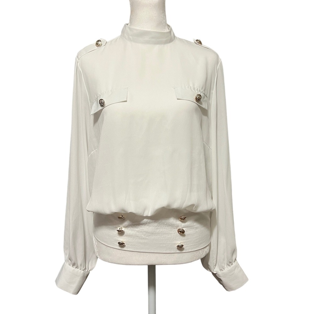 NY&Company White Mock Neck Long Sleeve Chiffon Blouse Gold Button Sheer Top‎ Med